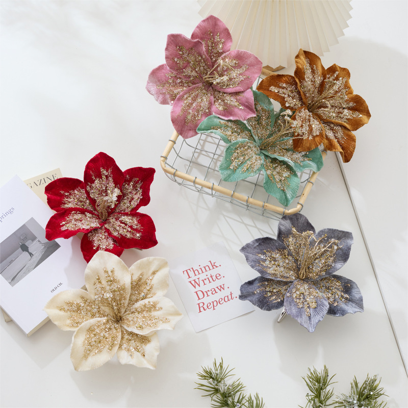 跨境新品圣诞节装饰品20cm绒布仿真百合花圣诞树装扮节日婚礼装饰|undefined