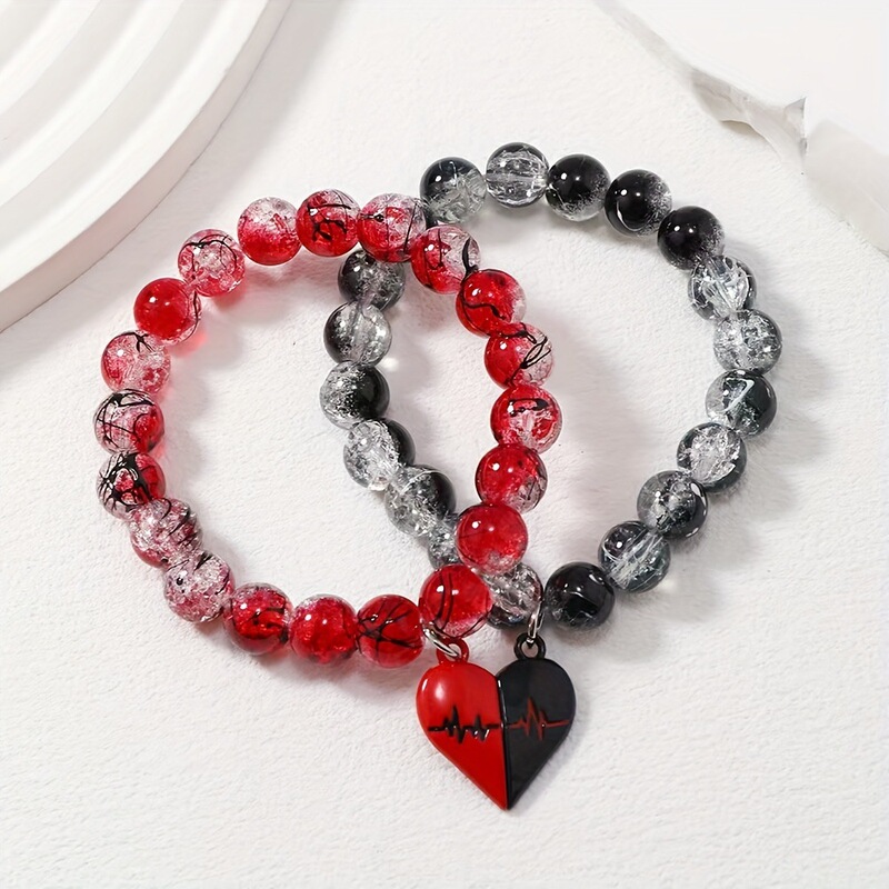 Cross-border New Couple Bracelet Floral Beads Burst Glass Beads Magnetic Love Hand in Hand Couple Handmade Beaded Bracelet