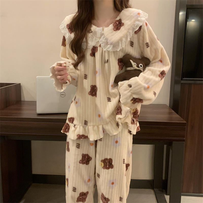 秋と冬の女性用コーラルベルベットパジャマ、厚みのあるアウターウェア、かわいいフランネルホーム服、ゆったりとしたロングファッションカーディガンセット|undefined