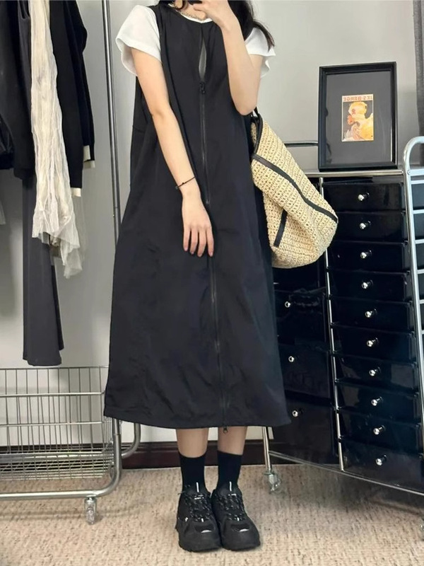 山系黑色工装机能风背心裙女春秋款连衣裙微胖大码胖mm显瘦背带裙|undefined