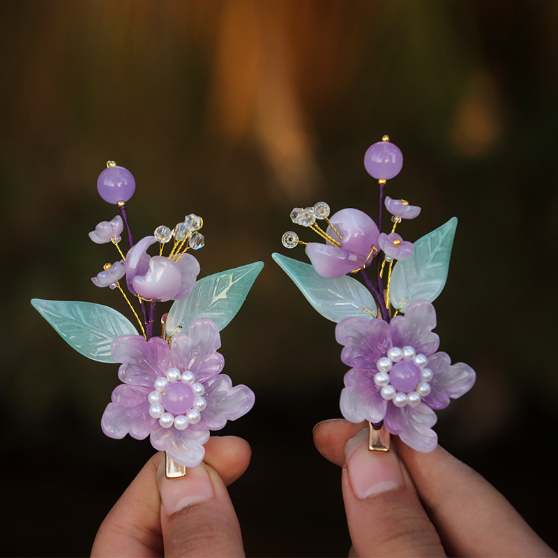 Acessórios Hanfu para Crianças, Touca Estilo Antigo para Meninas, Presilha de Cabelo com Flor Roxa, Presilha de Cabelo Estilo Chinês Delicada_voghion.com