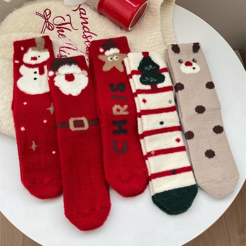 Christmas Socks for Women, Autumn and Winter Thickened Warm Australian Fleece Mid-Calf Socks, Cartoon Cute Christmas Gift Slouch Socks Cross-Border