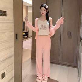 【天使猫咪】带胸垫三件套代尔棉吊带弹力收腰纯白长袖家居服可外