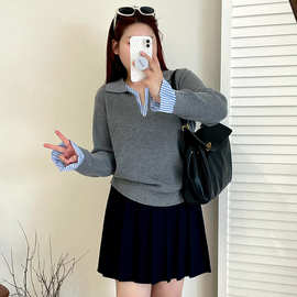 大码女装拼接POLO衫女气质学院风上衣2025秋胖mm休闲针织衫23216