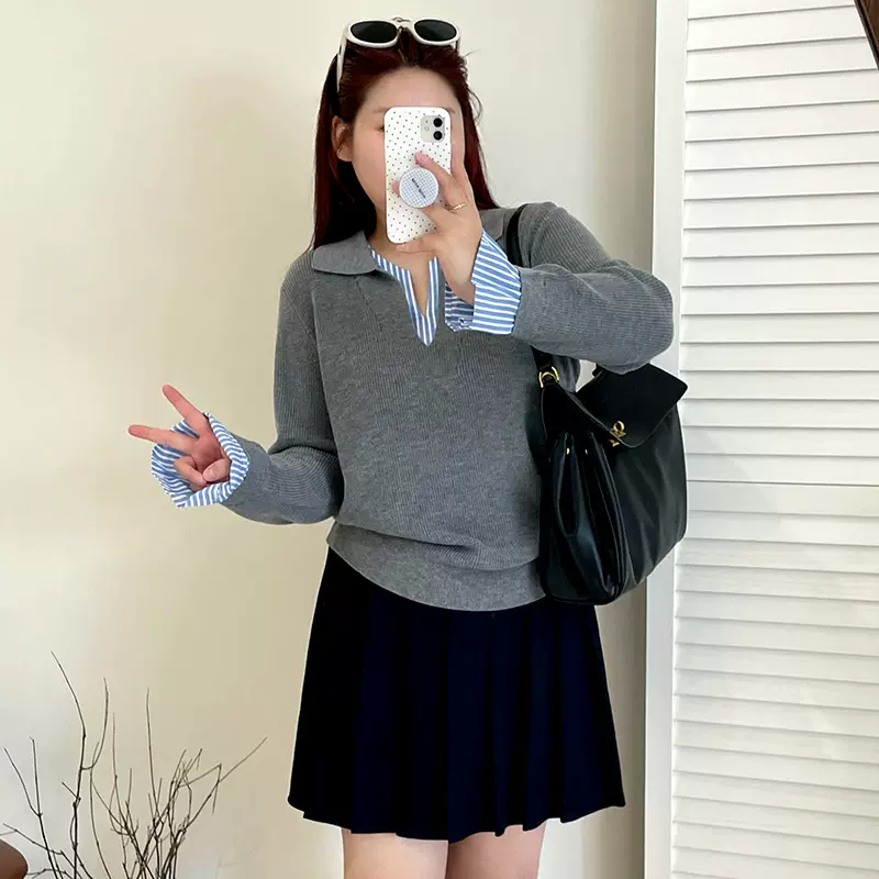 大码女装拼接POLO衫女气质学院风上衣2025秋胖mm休闲针织衫23216