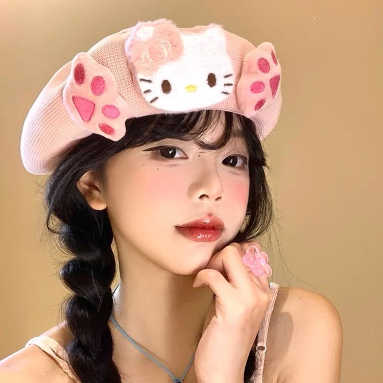 粉色Kitty猫咪贝雷帽女夏季薄款透气可爱帽子显脸小画家帽子批发|undefined