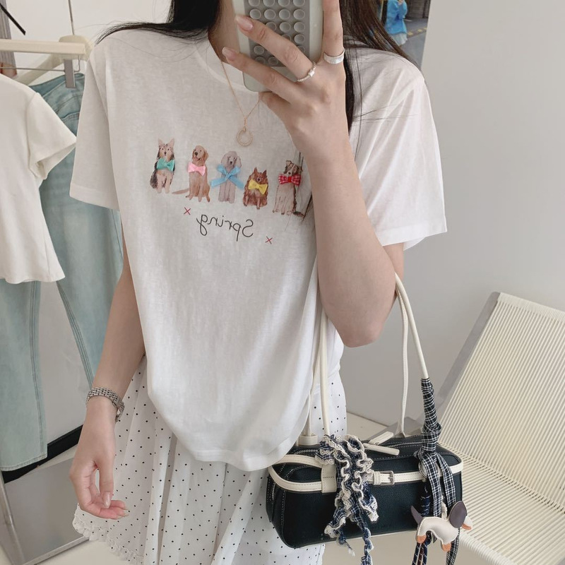 Korean-Style Cute Dog Niche Design 3D Bow Short-Sleeve T-Shirt for Women, New Summer Breathable Round-Neck Top Korean-Style Cute Dog Niche Design 3D Bow Short-Sleeve T-Shirt for Women, New Summer Breathable Round-Neck Top