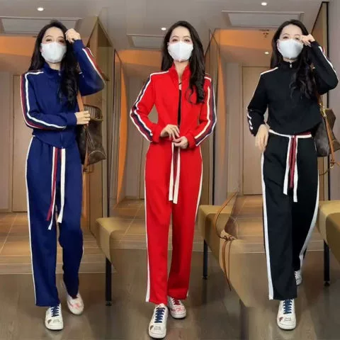 Оптовый модный костюм для отдыха 2023 весна и осень Новый дизайн чувство воротник-стойка полоса шить иностранный воздух из двух частей комплект