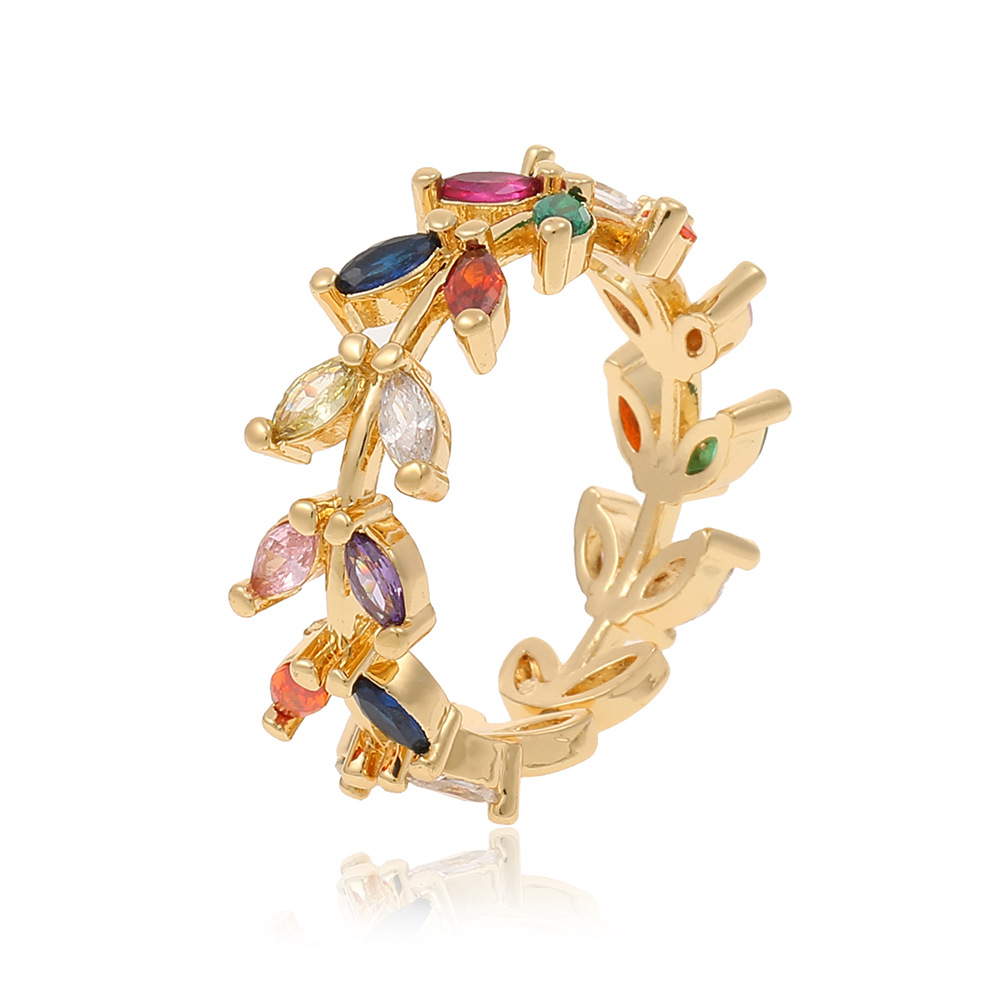 Sweet Leaf Copper Plating Zircon Open Ring 1 Piece