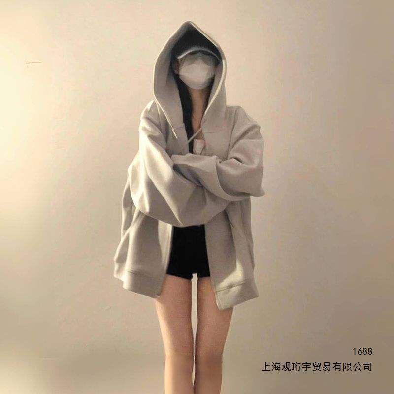 浅灰色美式复古高街加绒加厚连帽卫衣女秋冬宽松休闲外套慵懒开衫