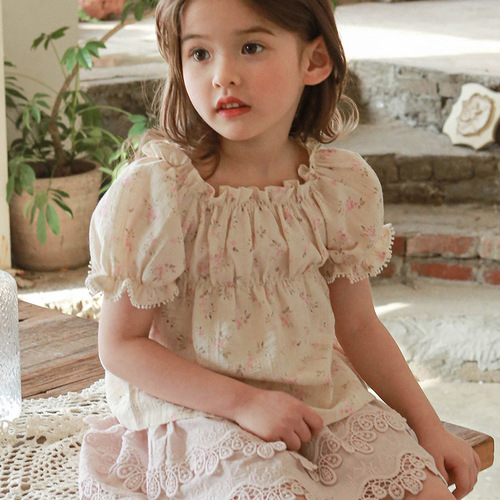 2024 Summer Strawberry Sand Korea Children's Clothing Girl's Small Floral Elastic Collar Short-Sleeve Shirt