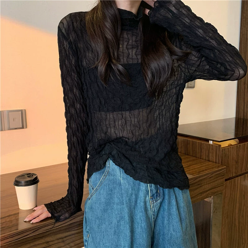 Кружево-сатиновое боди-для demi-season с длинным рукавом, высокий воротник, западный стиль