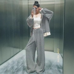 慵懒简约条纹拉链连帽卫衣外套套装女秋冬高腰垂感直筒休闲阔腿裤