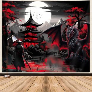 Cross Border Anime Samurai Tapestry Cool Red and Black Medieval Fantasy Dragon Tapestry Wall Hanging Men's Mountain Forest