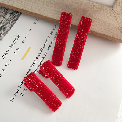 冬款中国红金丝绒3.5cm-5cm半包双叉夹儿童发夹一字夹鸭嘴夹配件|ms