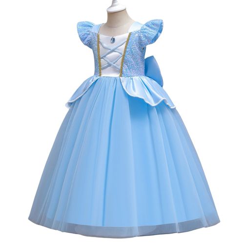 Children's dress, princess Cinderella-style, with mesh lace and puff sleeves, for kids' stage performance and party.