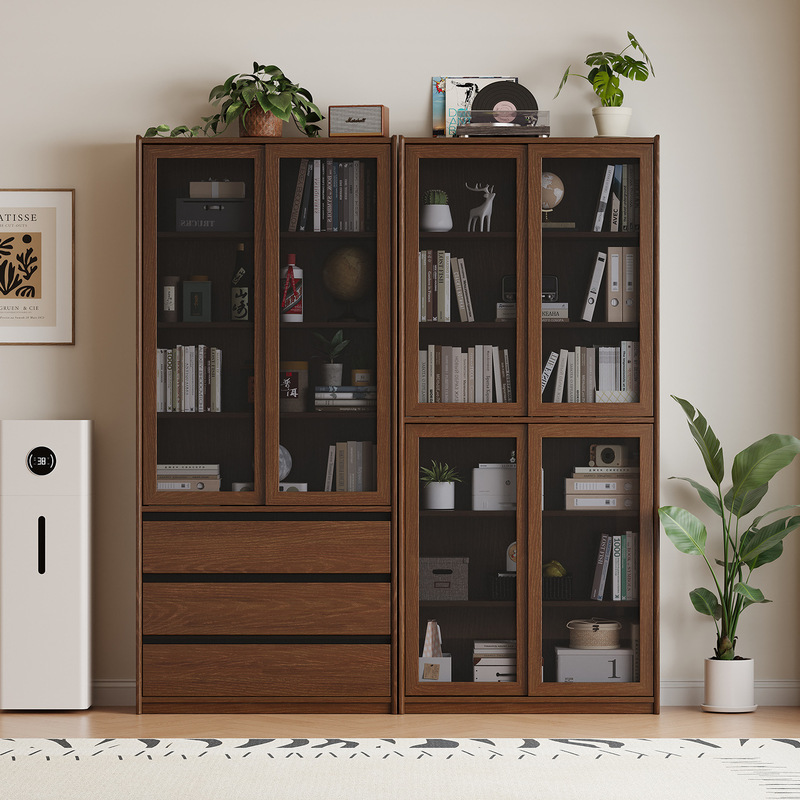 All-Solid Oak Wood Living Room Bookcase Integrated into the Wall with Glass Doors, Dust-Proof Sliding Doors, Storage Shelves, and Display Cabinet All-Solid Oak Wood Living Room Bookcase Integrated into the Wall with Glass Doors, Dust-Proof Sliding Doors, Storage Shelves, and Display Cabinet