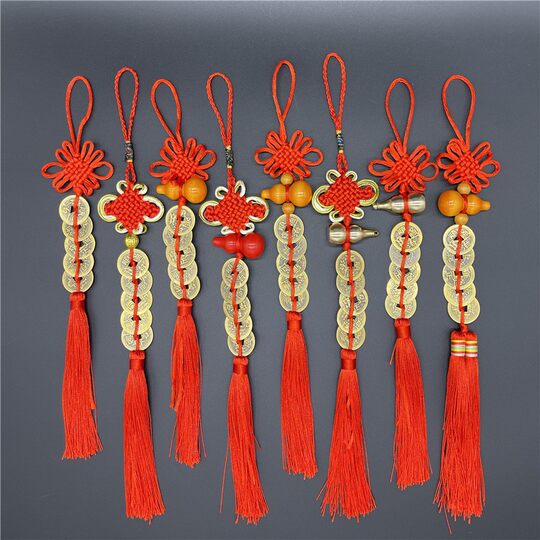Manufacturer Wholesale Chinese Knot Wooden Gourd Five Emperors Money Pendant Imitation Bronze Coin Square Knot Five Emperors Money Tassel Pendant