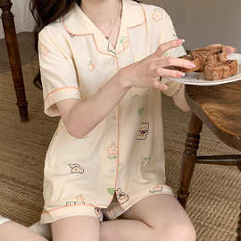 云朵棉夏季新款睡衣女开衫短袖短裤印花卡通可爱少女家居服两件套