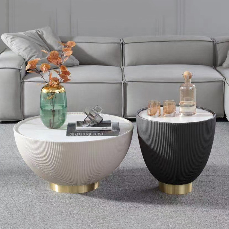 Mesa de centro de sala de estar moderna de lujo ligero nórdico, tamaño de apartamento pequeño doméstico, placa de roca redonda en forma de cuenco, mesa de centro pequeña redonda, estilo crema