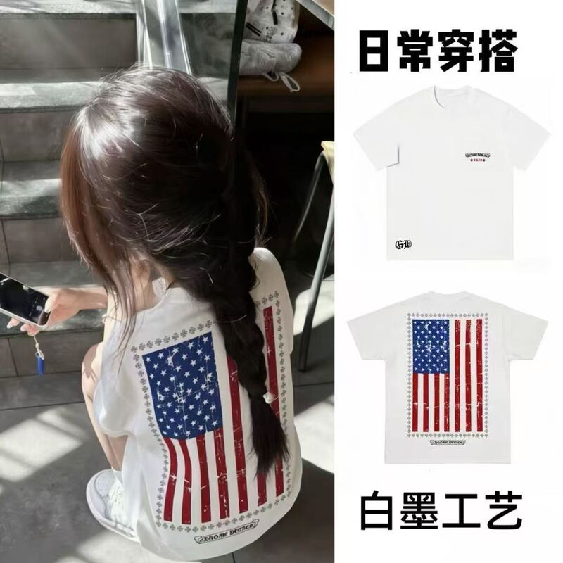 American-Style Trendy Brand Ch Chrome English and Sanskrit American Flag Print Sweatshirt 26Ss New Cross-Border Unisex T-Shirt