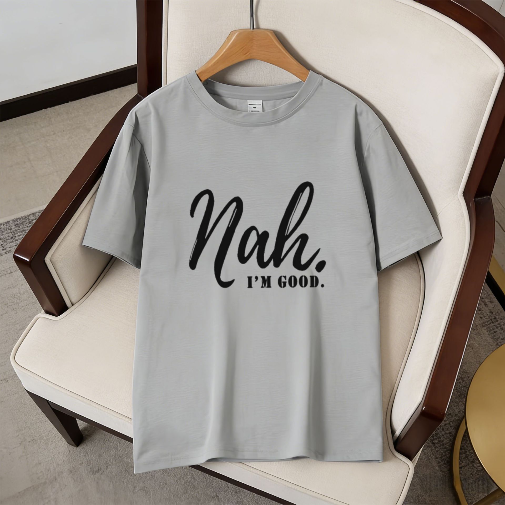 Nah Letter Print Short Sleeves, American Retro Loose T-shirt_viptrois.com