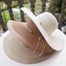 新款木珠草帽批发帽子女防晒遮阳帽可折叠太阳帽海边沙滩帽大檐帽