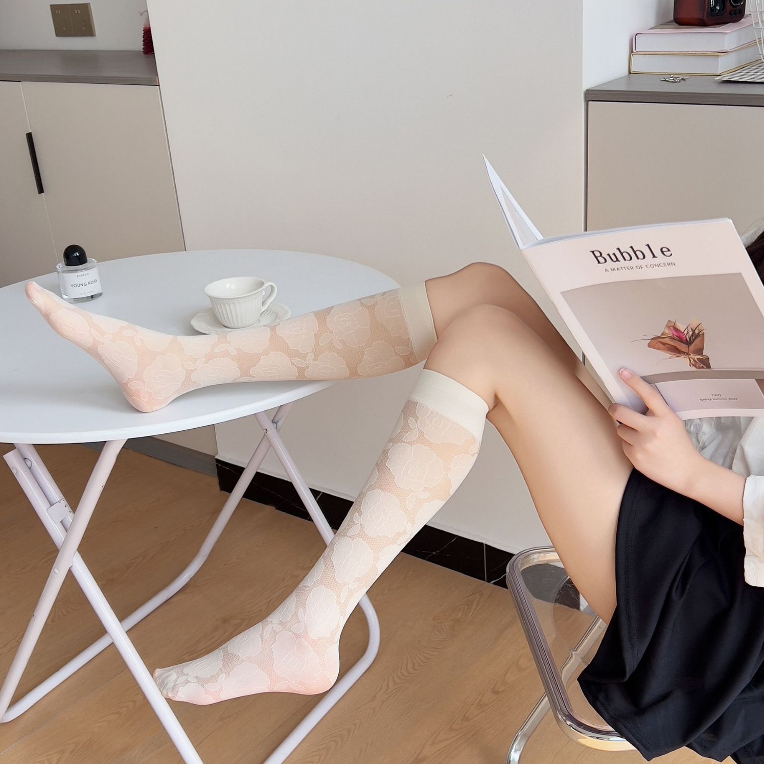 Summer Long Stockings Thin Jk Knee-High White Socks Ins Rose Lace Large Flower Slimming Look Calf Socks