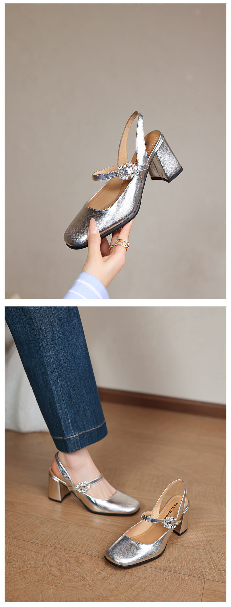Giày sandal cao gót nữ quai ngang mũi tròn bít, gót 7 cm, phong cách Mary Jane — màu đen, Rượu vang đỏ, màu mơ, bạc chi tiết 16