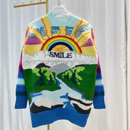 European Heavy-Duty Embroidered Rainbow Knitted Sweater Women's Autumn and Winter Loose Mid-Length Versatile Chic Top Export European Heavy-Duty Embroidered Rainbow Knitted Sweater Women's Autumn and Winter Loose Mid-Length Versatile Chic Top Export