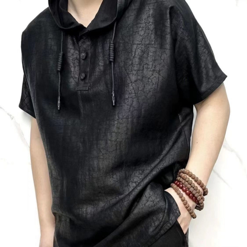 Xiangyunsha Versatile Button Sweatshirt Cracked Men's Simple Casual Summer Hooded Loose Thin Chinese Shirt Trendy