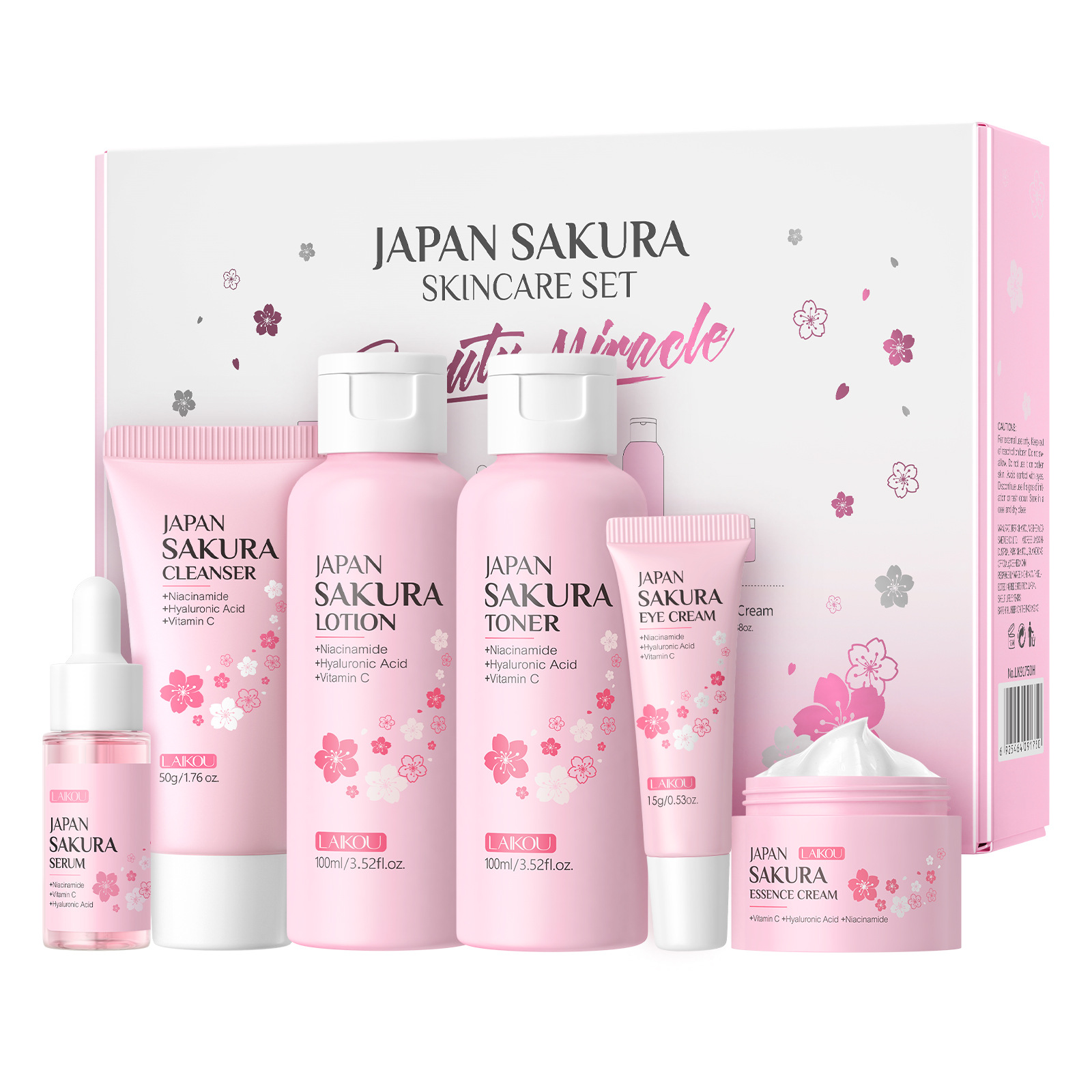 Cross-border LAIKOU Cherry blossom skin care box 6pcs. toner facial limpiador, loción para la piel, crema para los ojos