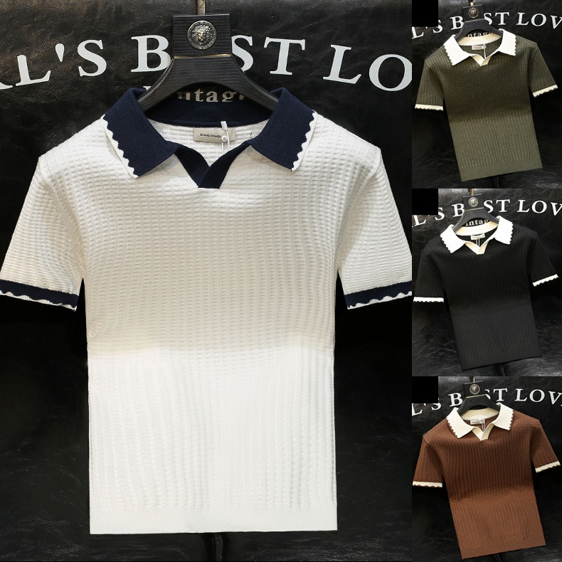 Polo camiseta de punto camiseta de manga corta hombre gaviota cuello V textural color antiguo viento camiseta de verano fábrica transfronteriza al por mayor