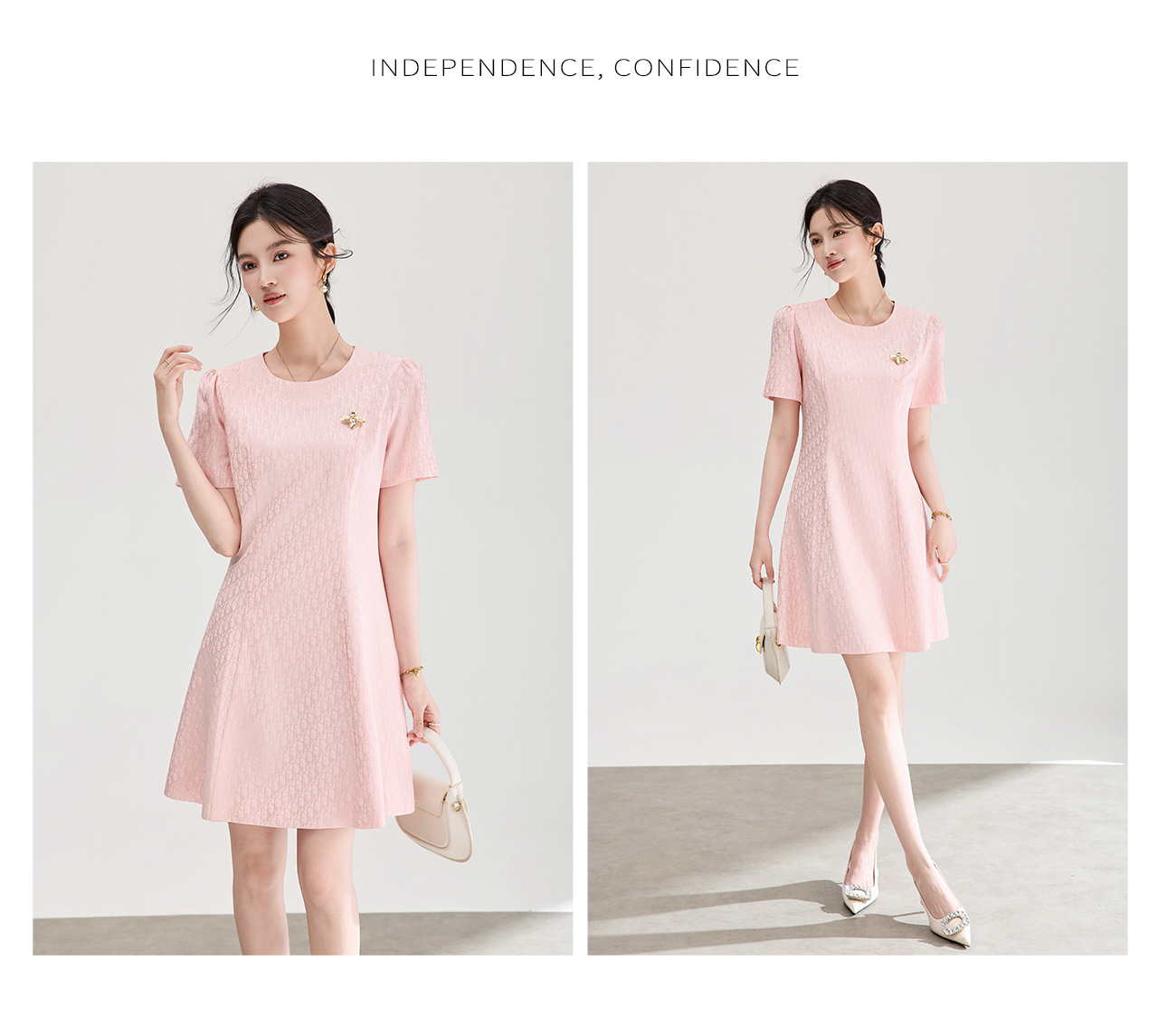 Đầm ngắn tay thắt eo jacquard kiểu dáng thanh lịch mùa hè — màu hồng chi tiết 13