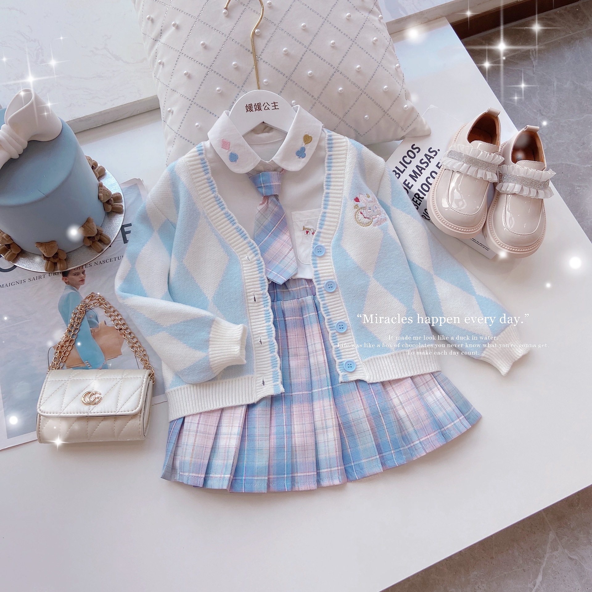 Girls Jk Suit 2023 Spring New Spring & Fall Middle and Older Children Preppy Style Pleated Skirt Princess Sweater Cardigan Three-Piece Set