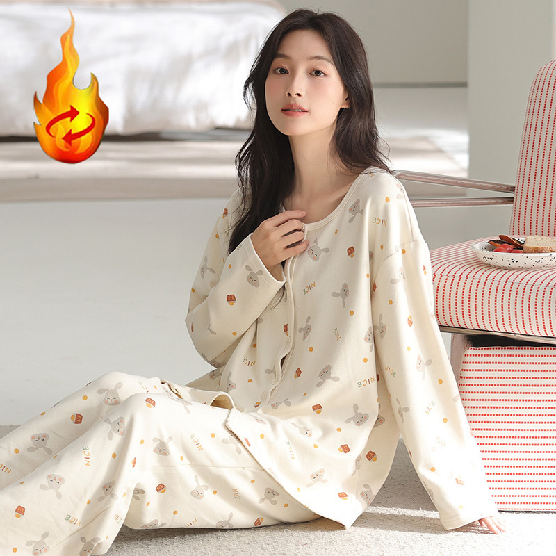 Pajamas for Women in Autumn and Winter German Velvet Long-Sleeved Warm Thin Velvet Cute Cartoon Cardigan Cashmere Home Clothes Set Can Be Worn Outside