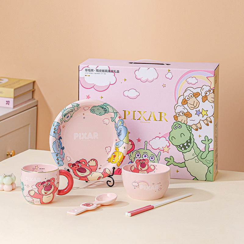 New Strawberry Bear Light Luxury One-Person Dining Gift Box Ceramic Tableware Cartoon Children's Bowl and Plate Household Set