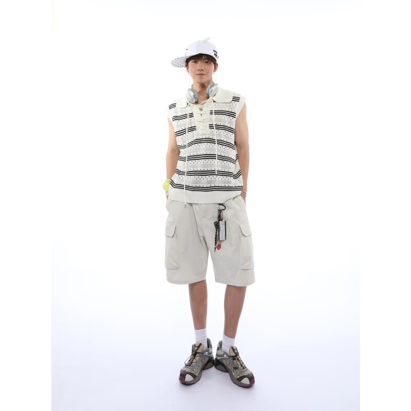 Summer Sleeveless Polo Collar Knit Vest for Men and Women, Simple Short T-Shirt Vest with Hollow Design for Men