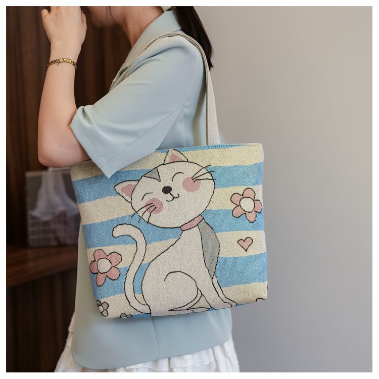 Double sided gold wire jacquard embroidered canvas student tutoring shoulder large capacity mommy bag, artistic style_voghion.com