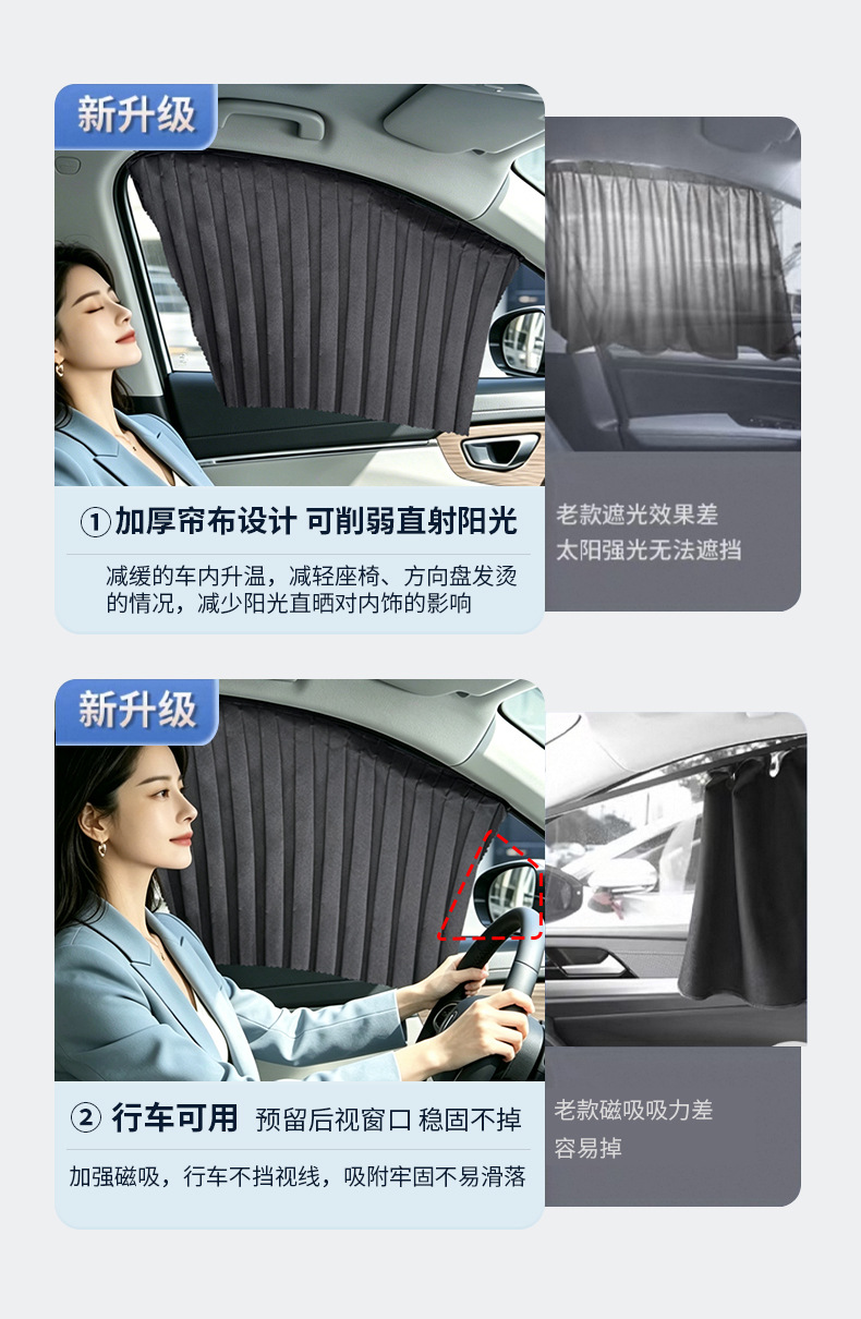 Magnetic trackless car sunshade, universal pleated blackout curtain for car windows, interior sun protection, heat insulation, and privacy curtain