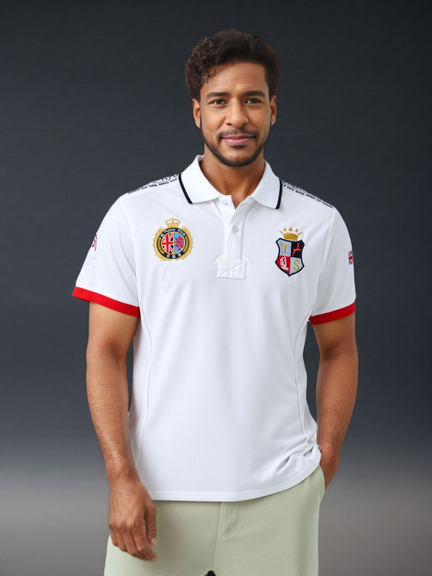 Short-sleeved polo shirt men's white British sports British royal leisure cotton cross-border trade plus size white embroidery