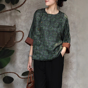 Nanyou New Chinese Style Mid-Sleeve Round Neck Asymmetrical Top Simple Versatile Silk Interwoven Xiangyunsha Improved Blouse