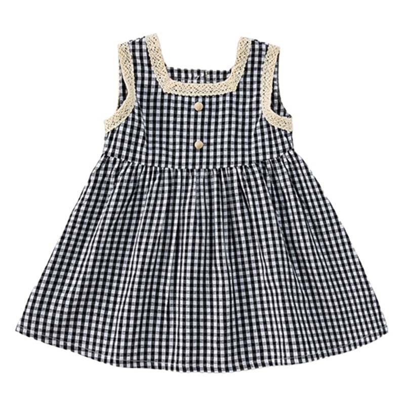 Ropa infantil Youbao, vestido elegante de verano para niña, vestido a cuadros de estilo coreano para niñas, vestido con cuello cuadrado en blanco y negro para niños pequeños.
