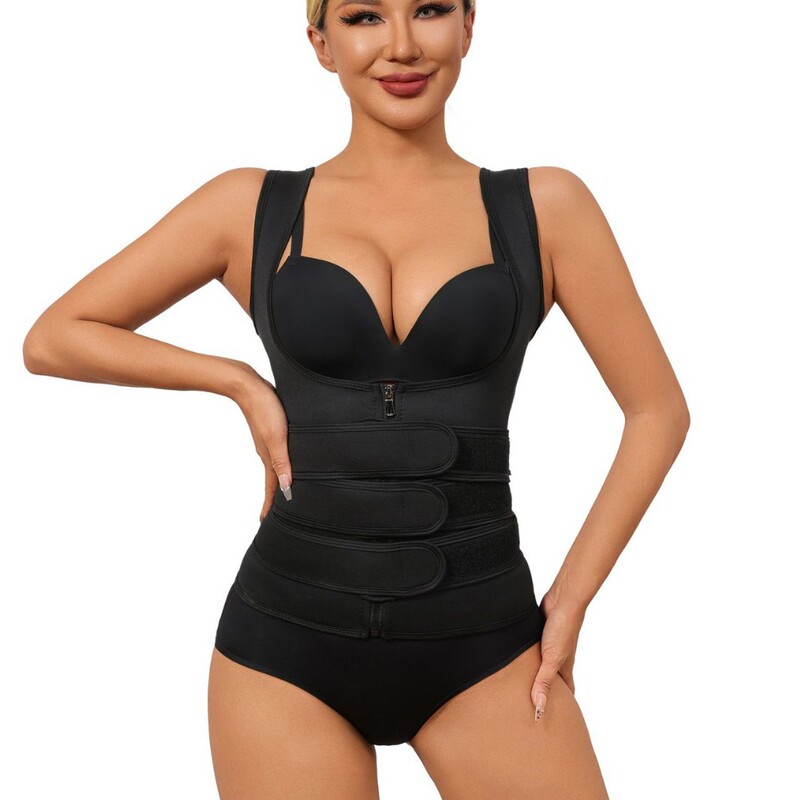 Cross-Border Women's Three Belts Black Waist Trainer Sports Exercise Body Shaping Vest Zipper Belt Vest Shaping
