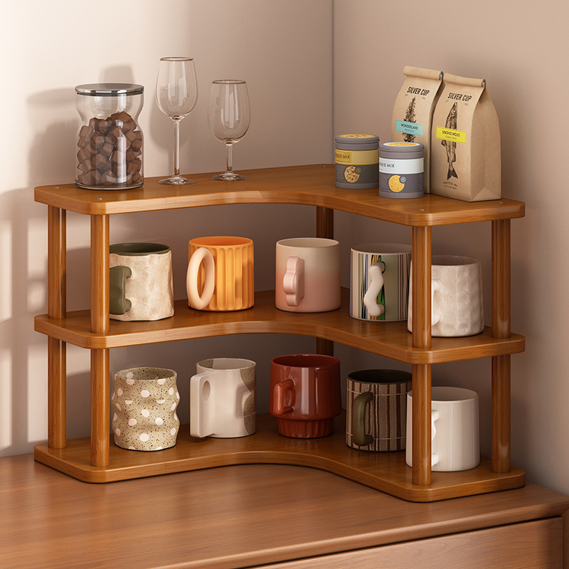 Corner Coffee Cup Water Cup Cup Holder Bamboo Household Table Corner Storage Rack Layered Shelf Desktop Storage Rack