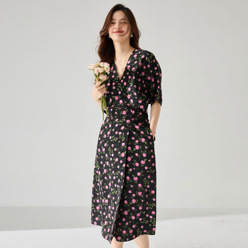 Spring and Summer New Style Elegant Ancient-Style One-Piece Wrap Dress Slimming Tea Break Mid-Length Dress with Print 232502