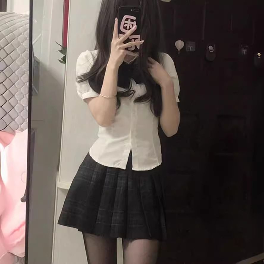 일본 JK 유니폼 타이트 허리 스파이스 소녀 슬림 셔츠 최고 여성 짧은 소매 달콤한 매운 대학 스타일 퍼프 소매 화이트 셔츠