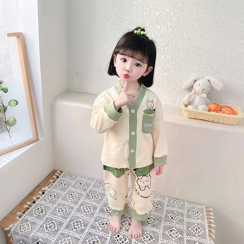 소녀의 새 봄과 여름 옷 2024 여자 한국 스타일 서양식 홈 옷 세트 소녀 잠옷 투피스 세트