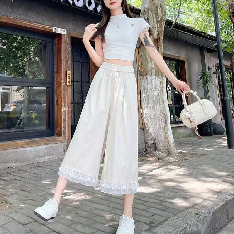 Lace-Trimmed Wide-Leg Pants for Women, Summer Thin Style, Elastic Loose Fit, Petite High-Waisted Ice Silk Quick-Dry Capri Pants Lace-Trimmed Wide-Leg Pants for Women, Summer Thin Style, Elastic Loose Fit, Petite High-Waisted Ice Silk Quick-Dry Capri Pants
