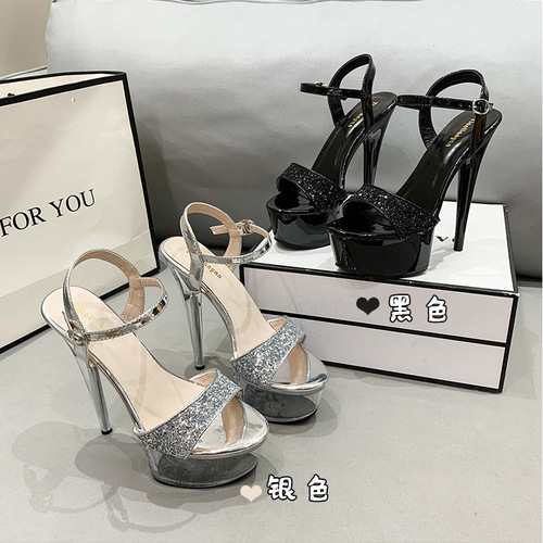 Shimmering High Heel Transparent Base Crystal Block Heel Women's Single Shoes Sandals Bridal Maid Moon Shoes for  Summer